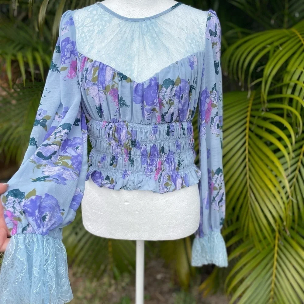 Free People Blue Daphne Sheer Paneled Blouse Size Small